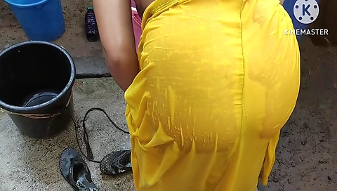 Indian House Wife Bathing Outside
