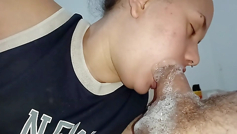 Bubbling All Her Spit On The Hard And Excited Cock, Slut Fucks With Blowjob In The World